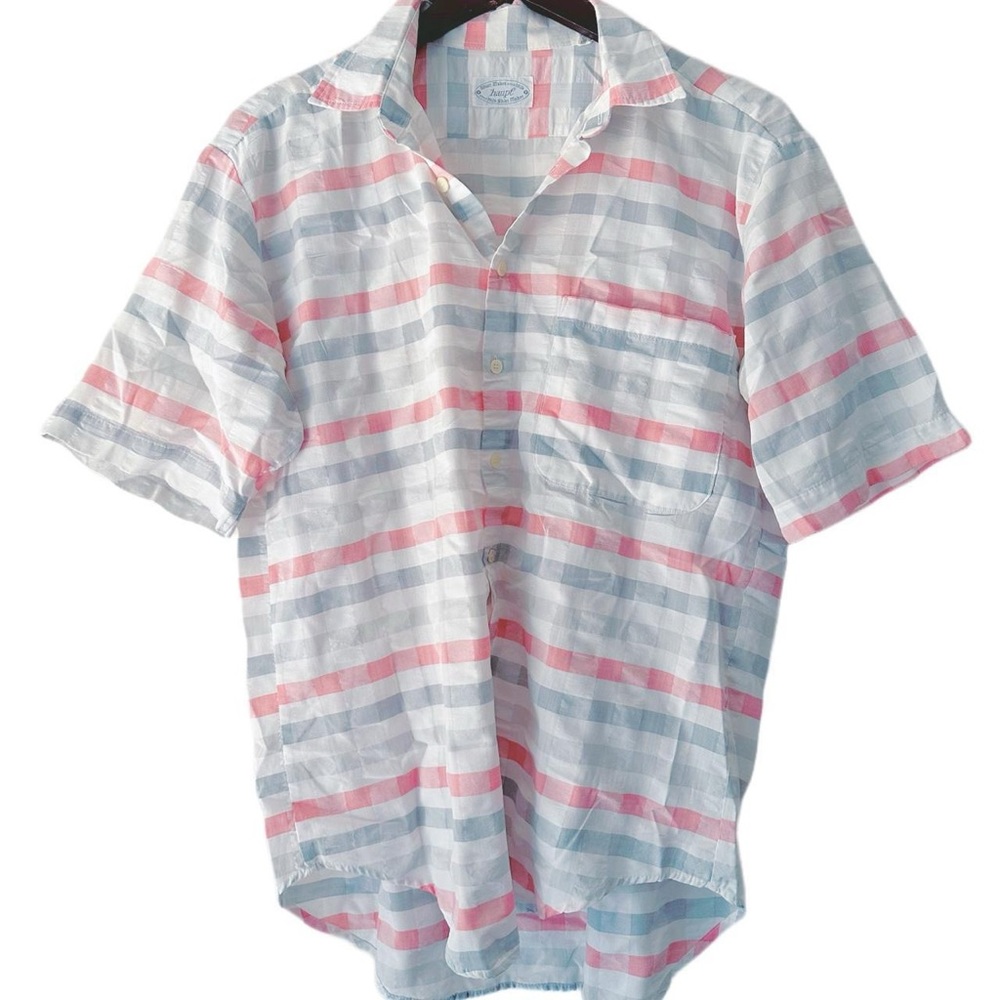 1970s 70s Vintage Haupt Pink Grey White Plaid Short Sleeve Shirt Coquette Casual